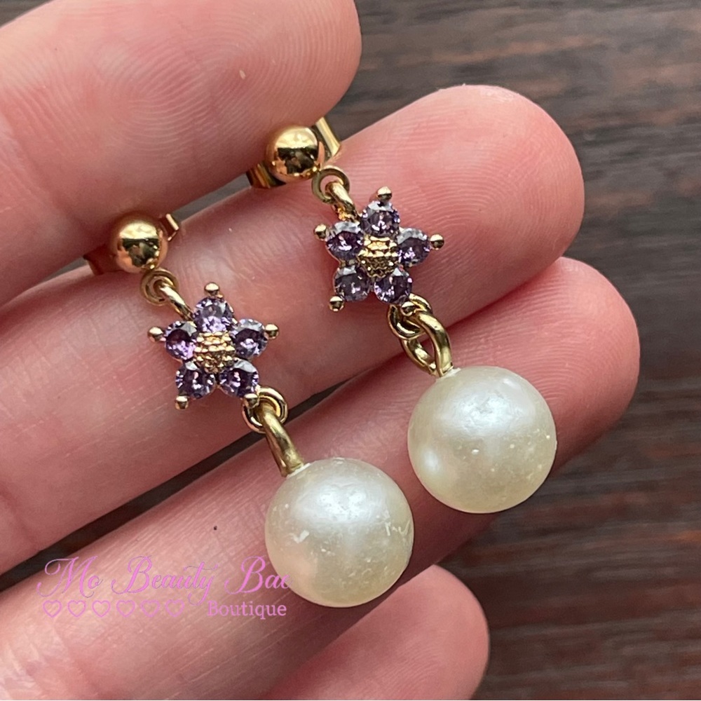 Purple Crystal Pearl Stud Earrings